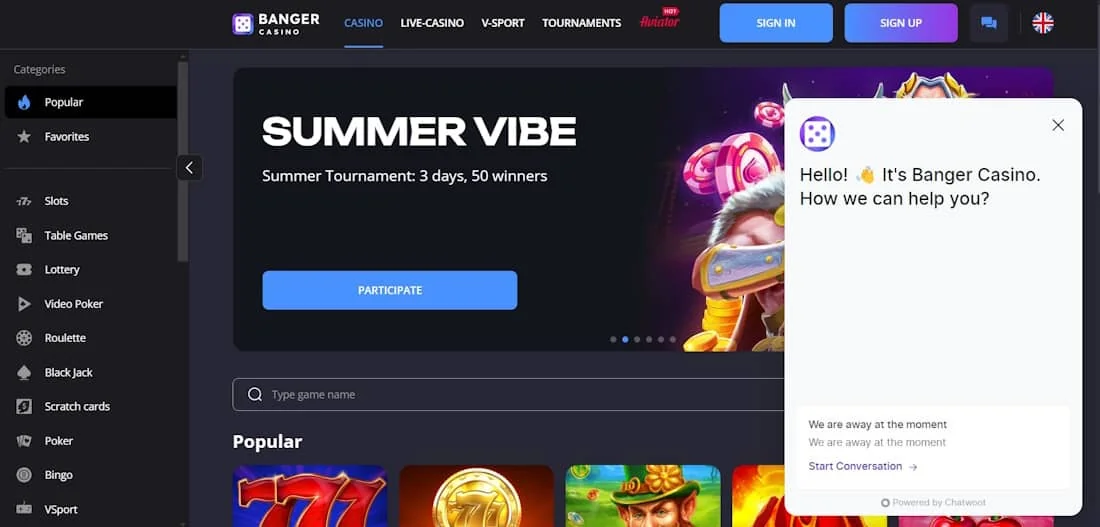 Gambling portal design Official Banger Casino website interface