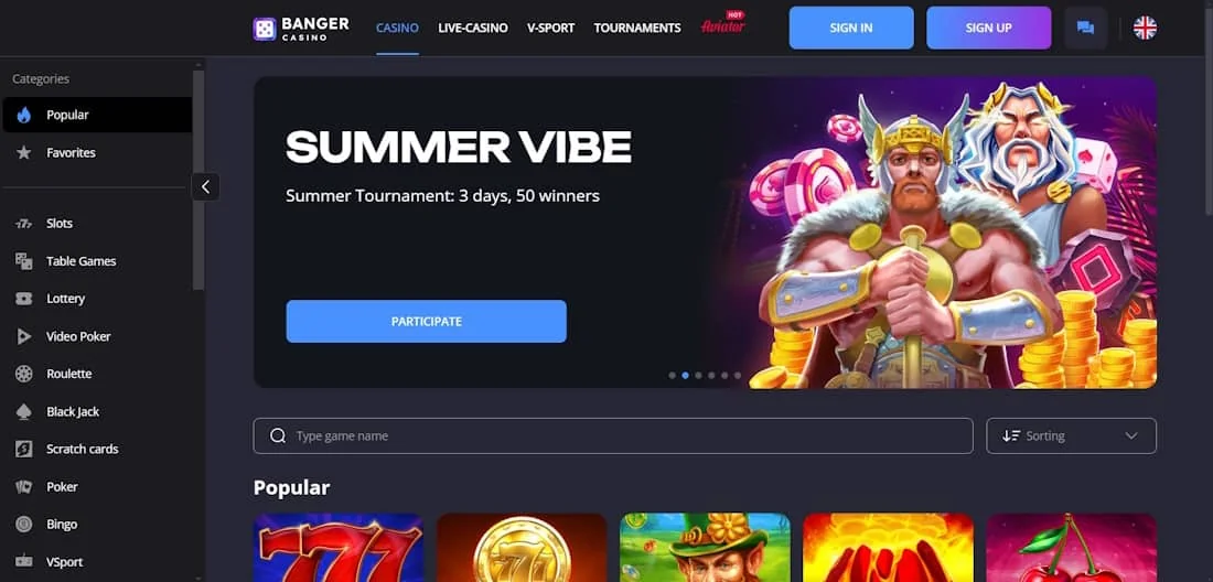 Casino interface Overview of the Banger Casino gambling service