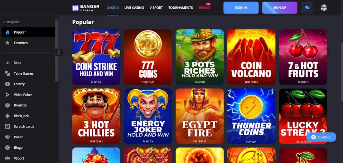 Popular slot machines at Banger Casino